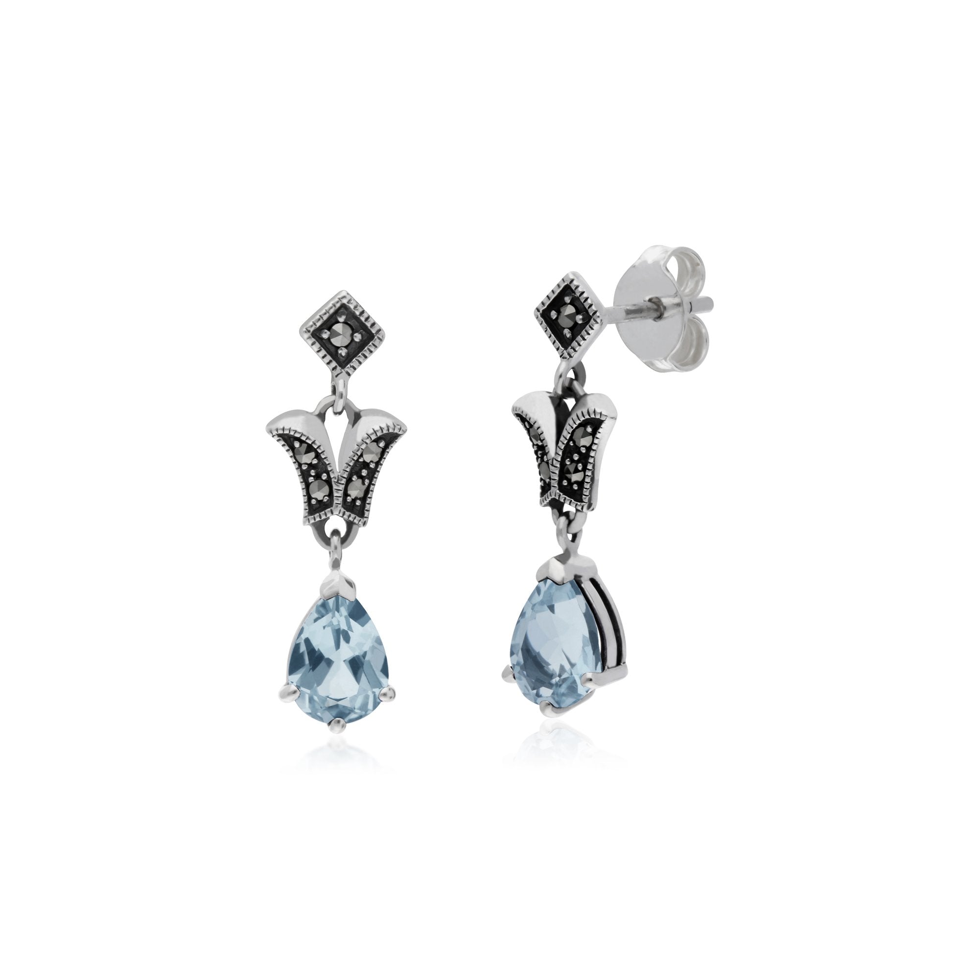 Art Nouveau Style Pear Blue Topaz & Marcasite Drop Earrings in 925 Sterling Silver