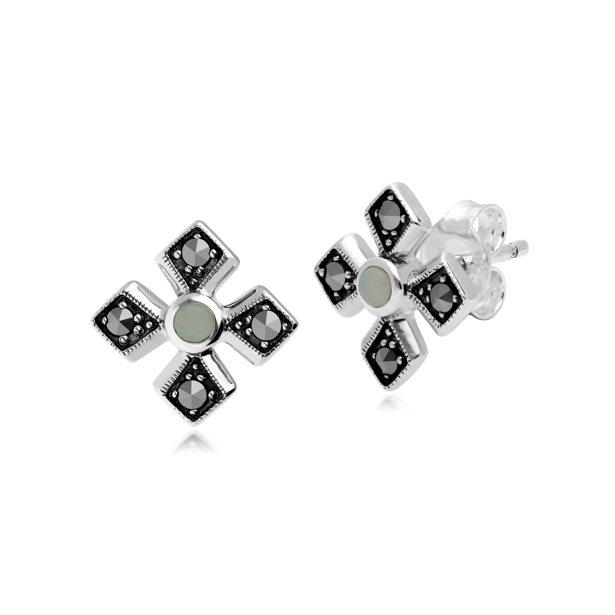 Art Deco Style Round Opal & Marcasite Gothic Style Cross Studs in 925 Sterling Silver