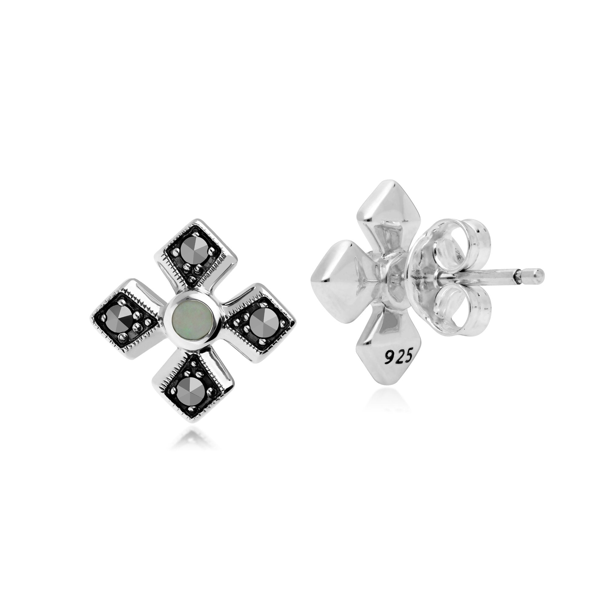 Art Deco Style Round Opal & Marcasite Gothic Style Cross Studs in 925 Sterling Silver