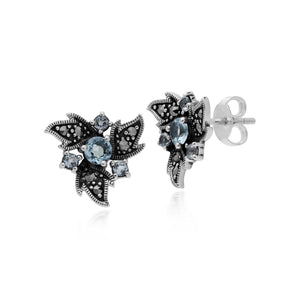 Gemondo Sterling Silver Blue Topaz & Marcasite Art Noveau Floral Earrings