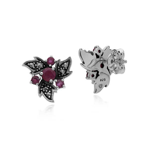 Gemondo Sterling Silver Ruby & Marcasite Art Nouveau Floral Earrings