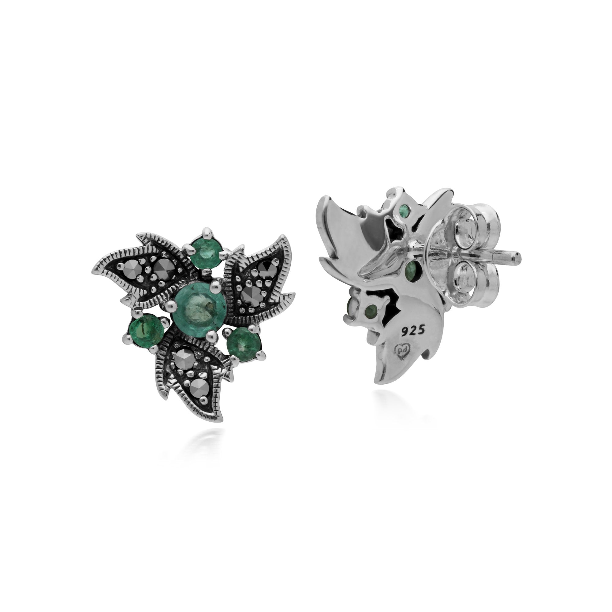 Art Nouveau Style Round Emerald & Marcasite Floral Stud Earrings in Sterling Silver