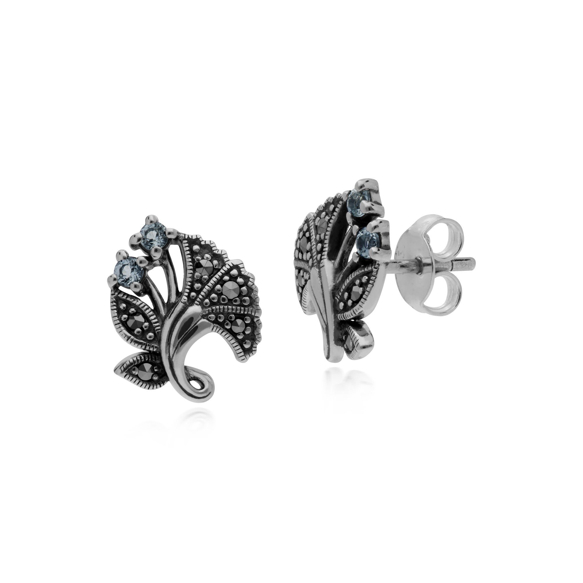 Art Nouveau Style Round Blue Topaz Leaf Stud Earrings in 925 Sterling Silver