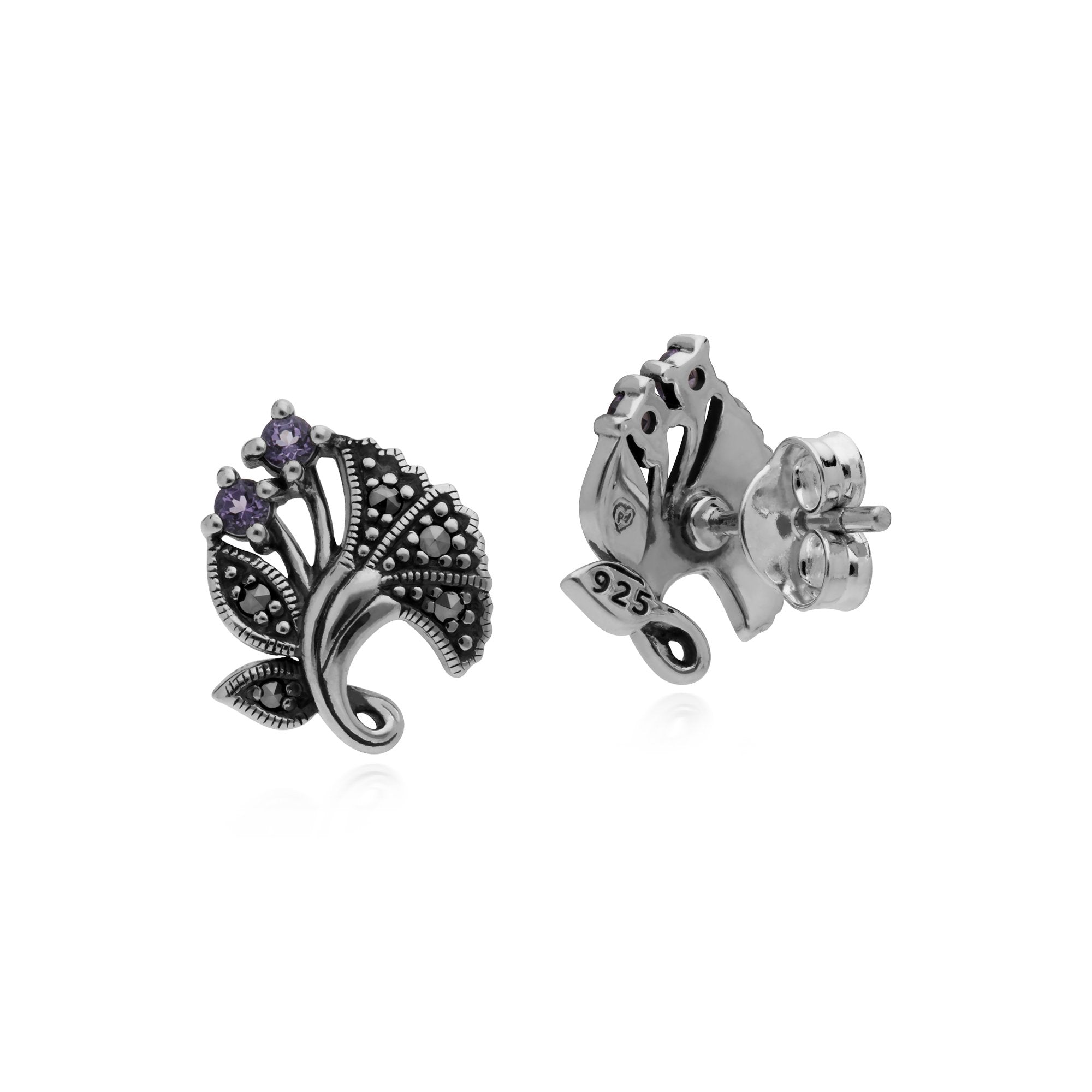 Gemondo Sterling Silver Amethyst & Marcasite February Art Nouveau Stud Earrings