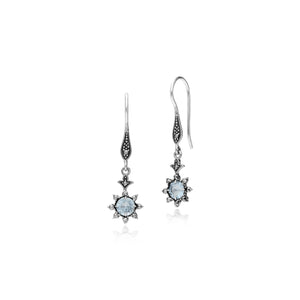 Floral Round Blue Topaz & Marcasite Drop Earrings in 925 Sterling Silver