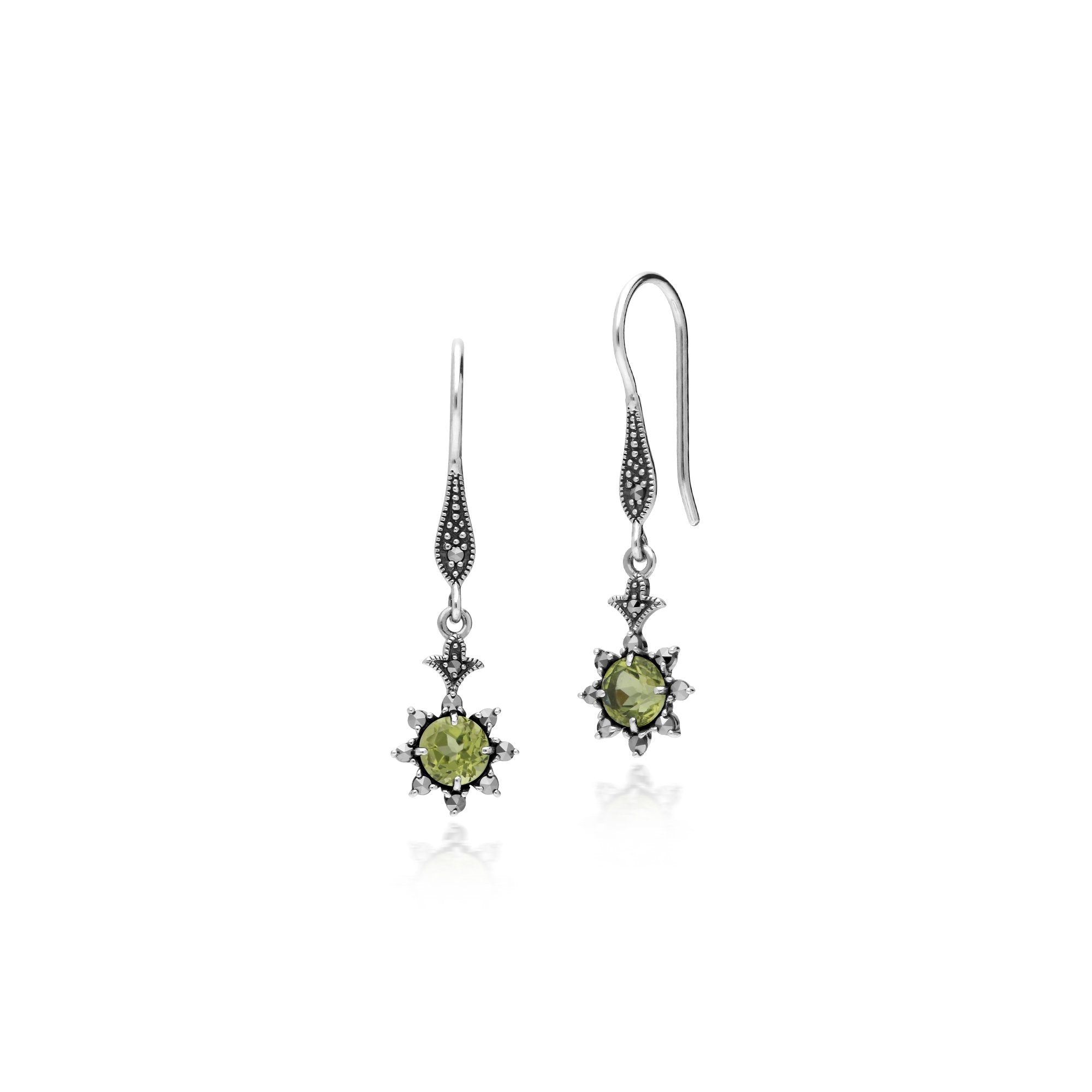 Floral Round Peridot & Marcasite Drop Earrings in 925 Sterling Silver