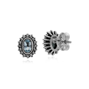 Sterling Silver Blue Topaz & Marcasite November Art Nouveau Stud Earrings
