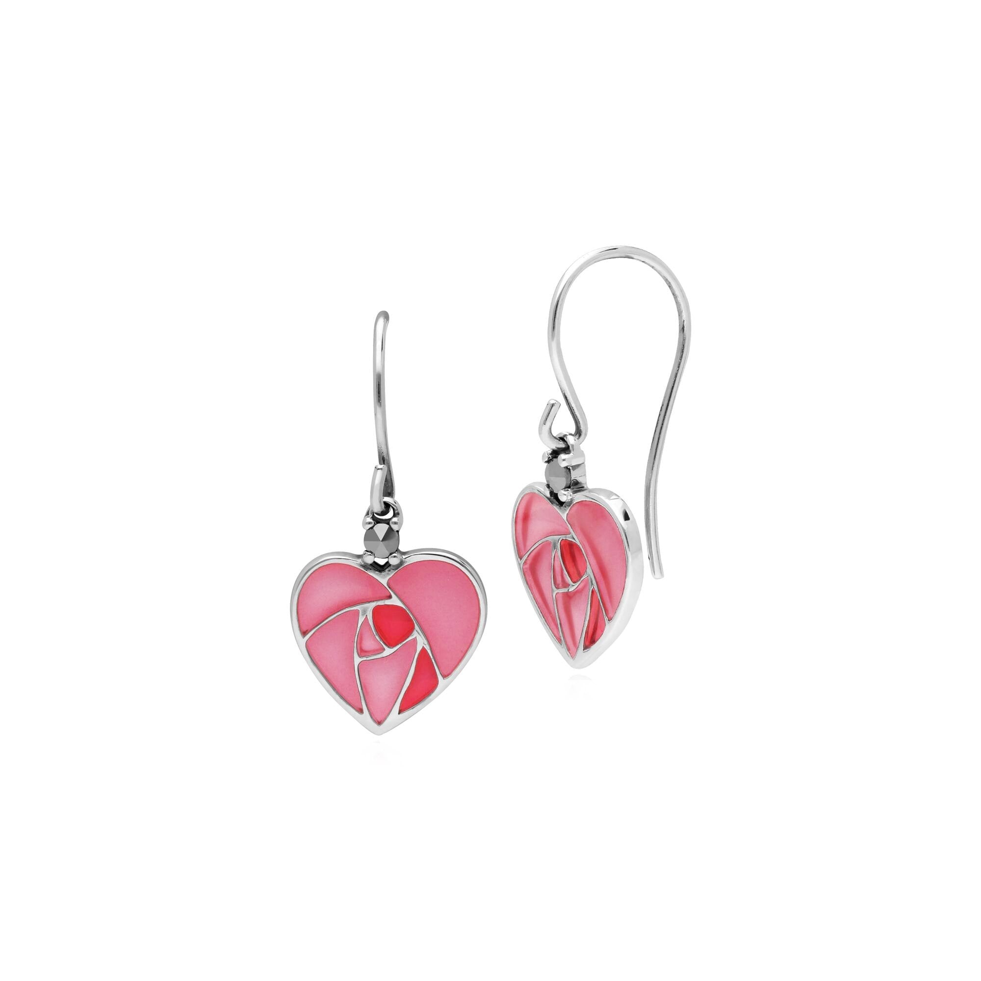 Rennie Mackintosh Round Marcasite & Enamel Rose Heart Drop Earrings in 925 Sterling Silver
