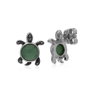 Classic Round Green Jade & Marcasite Turtle Stud Earrings in 925 Sterling Silver
