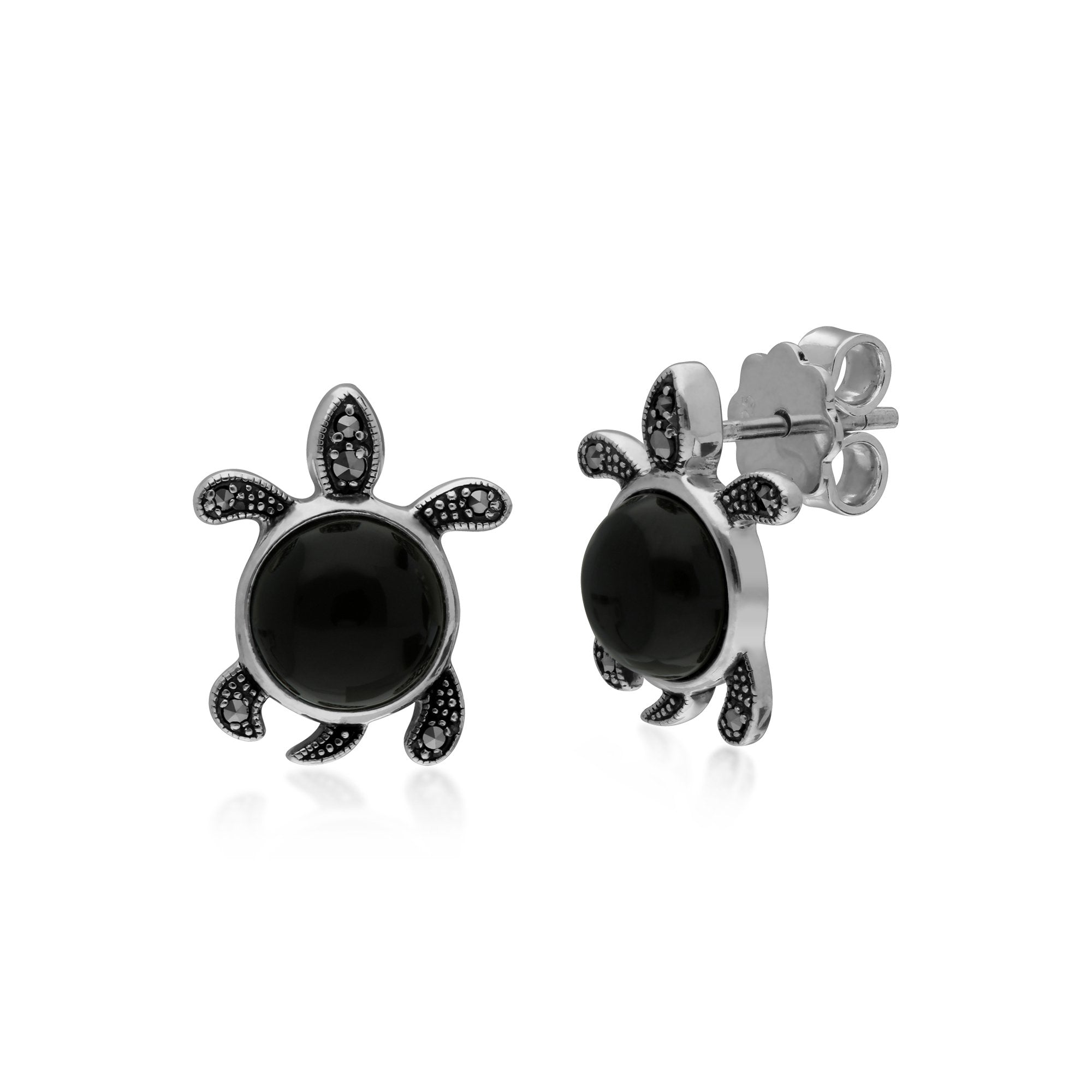Gemondo Sterling Silver Black Onyx & Marcasite Turtle Stud Earrings