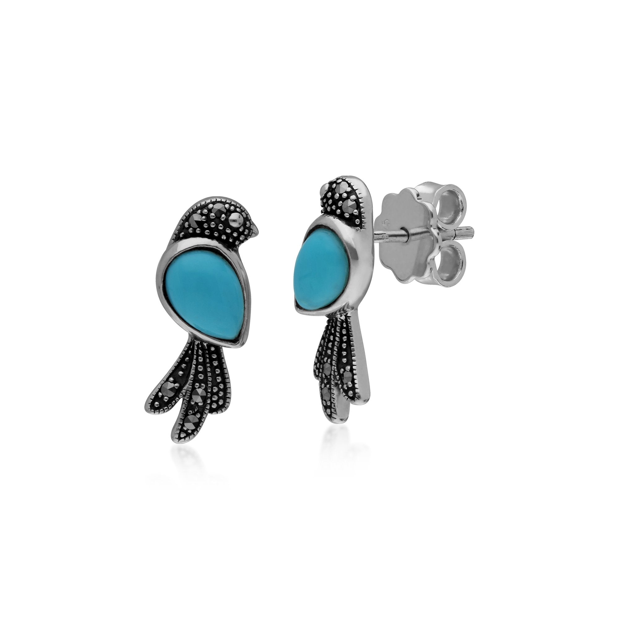 Classic Pear Turquoise & Marcasite Bird Stud Earrings in 925 Sterling Silver