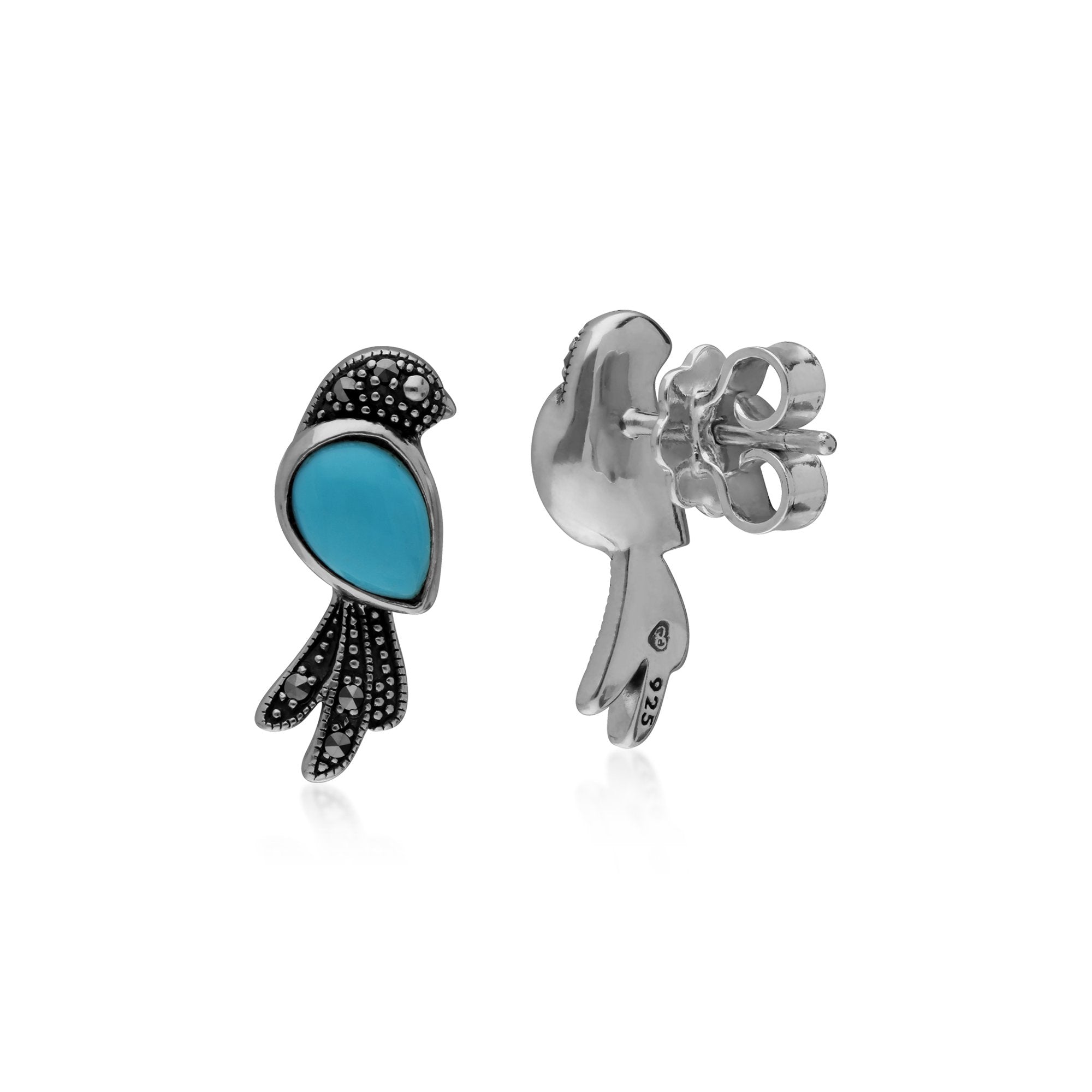 Classic Pear Turquoise & Marcasite Bird Stud Earrings in 925 Sterling Silver