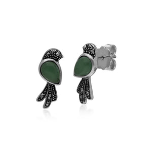 Classic Pear Green Jade & Marcasite Bird Stud Earrings in 925 Sterling Silver