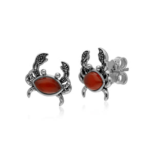 Red Dyed Carnelian & Marcasite Crab Stud Earrings In 925 Sterling Silver