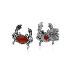 Red Dyed Carnelian & Marcasite Crab Stud Earrings In 925 Sterling Silver