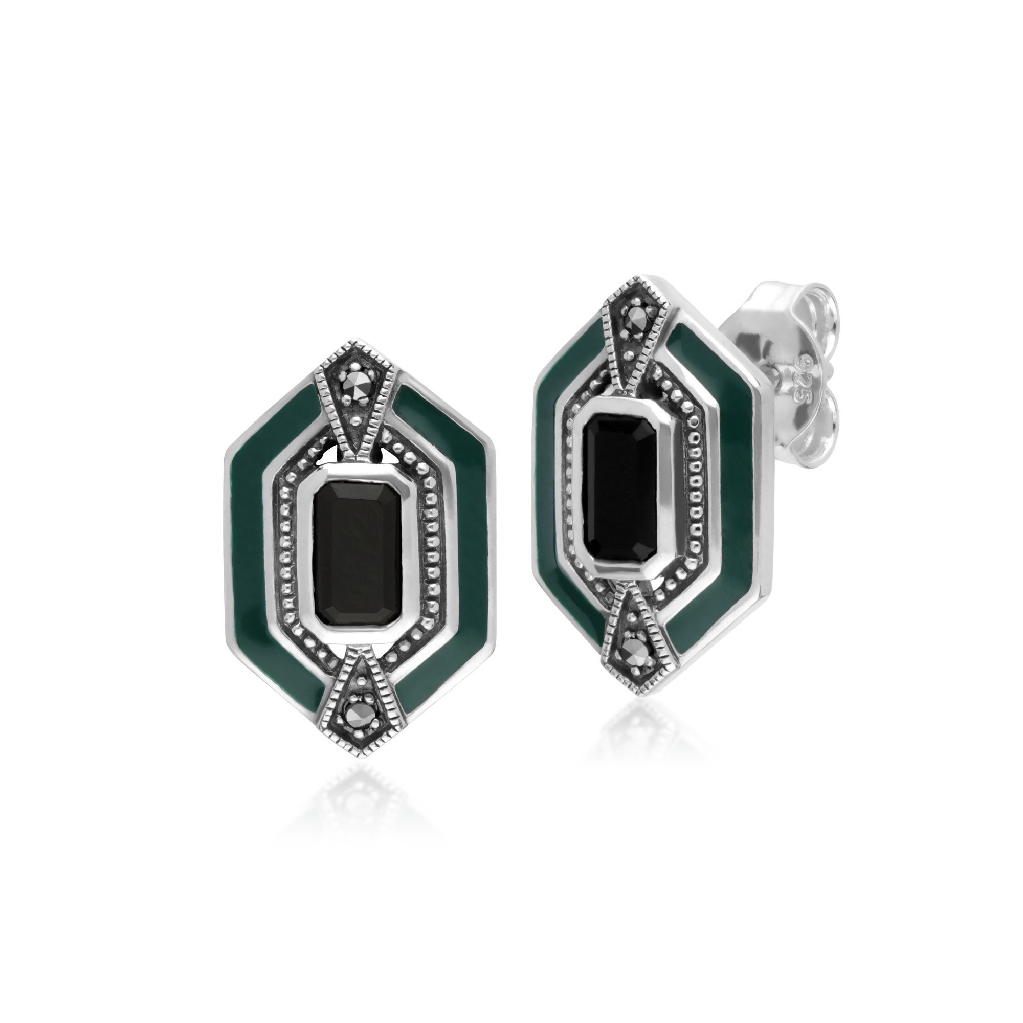 Art Deco Style Octagon Onyx, Marcasite & Enamel Hexagon Stud Earrings in 925 Sterling Silver