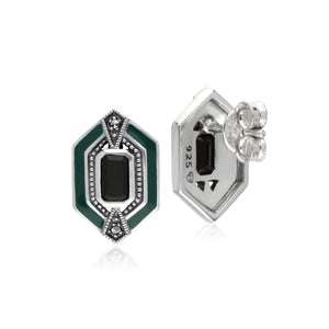 Art Deco Style Octagon Onyx, Marcasite & Enamel Hexagon Stud Earrings in 925 Sterling Silver