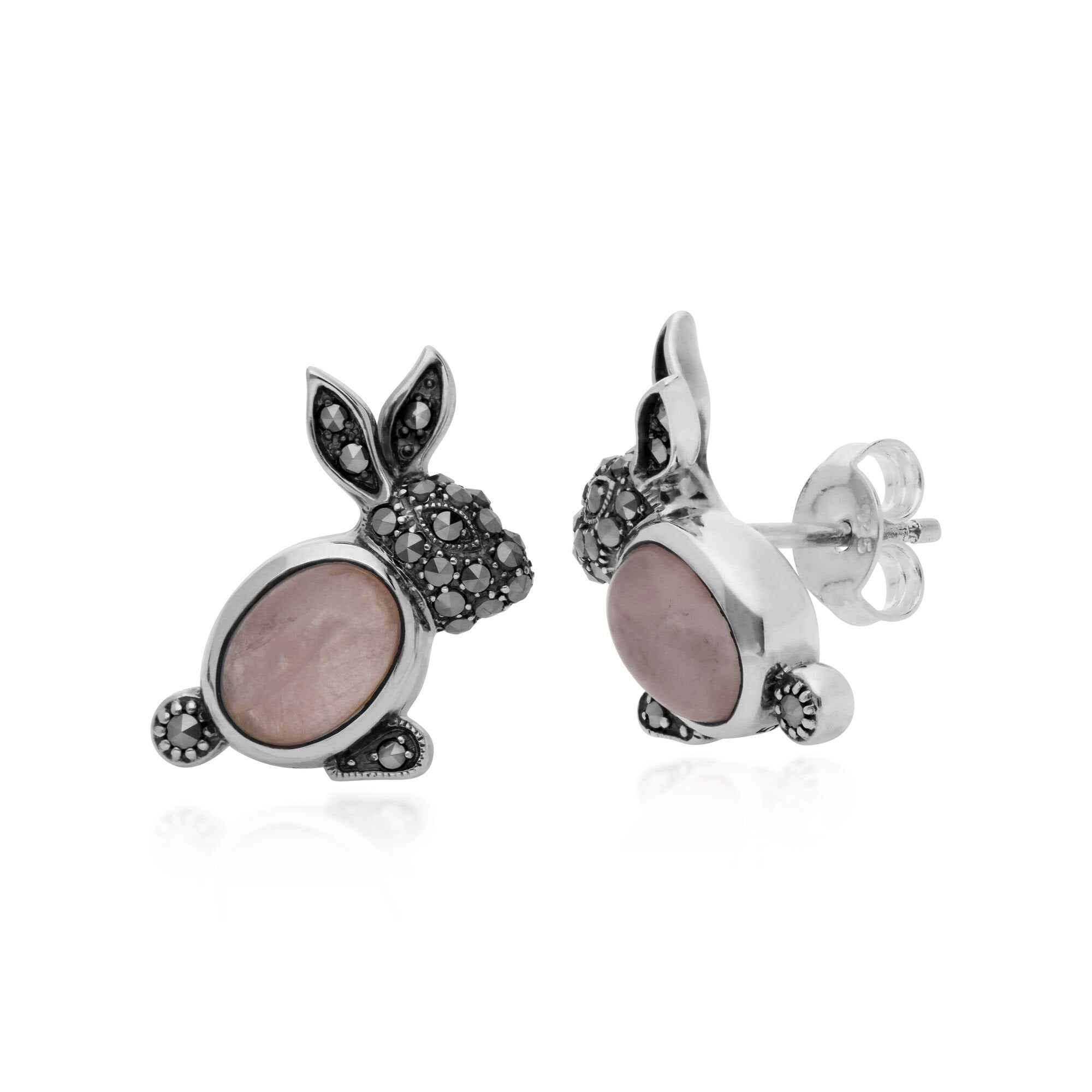 Gemondo Sterling Silver Rose Quartz & Marcasite Rabbit Stud Earrings