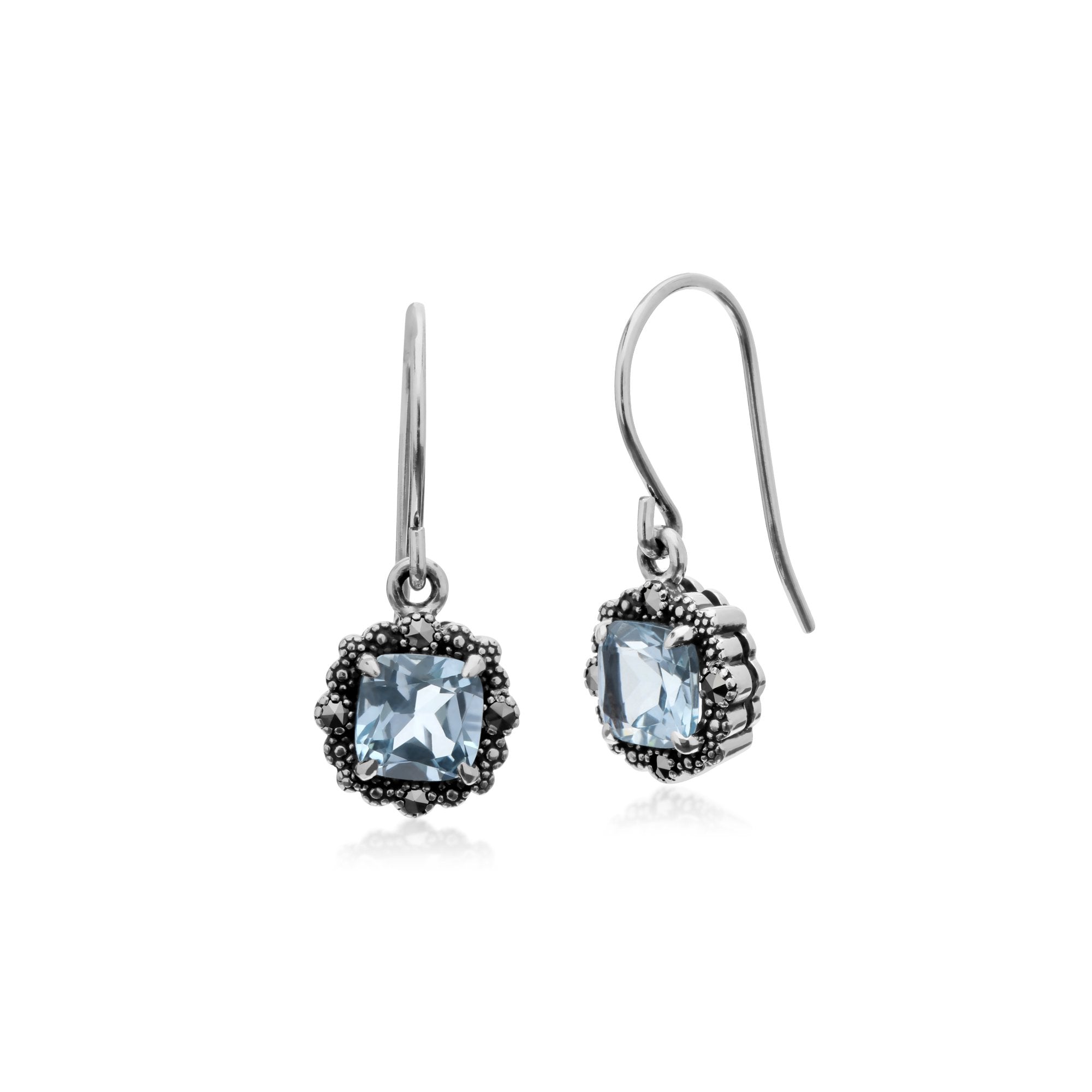Art Deco Style Square Cushion Blue Topaz & Marcasite Drop Earrings in 925 Sterling Silver
