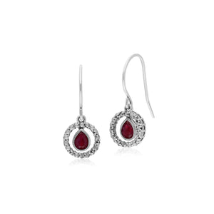 Classic Pear Ruby & Marcasite Round Halo Drop Earrings in 925 Sterling Silver