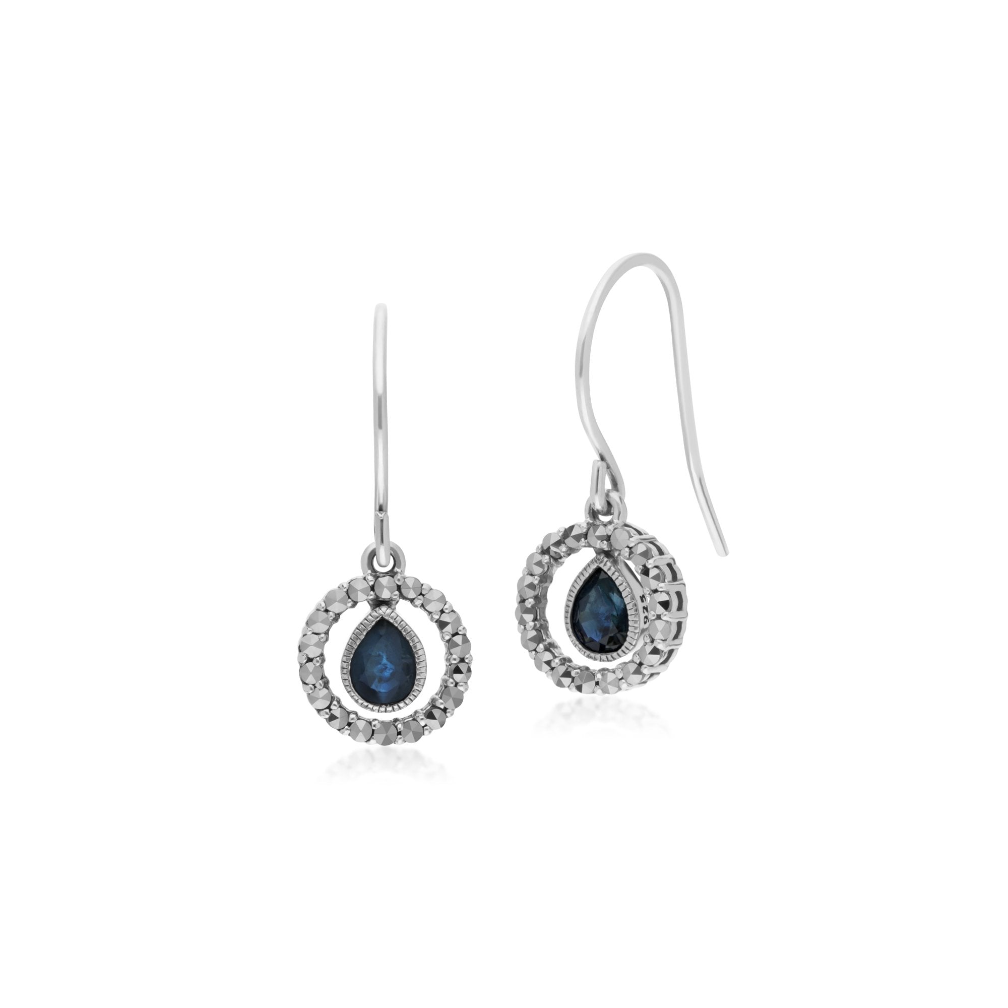 Classic Pear Sapphire & Marcasite Round Halo Drop Earrings in 925 Sterling Silver
