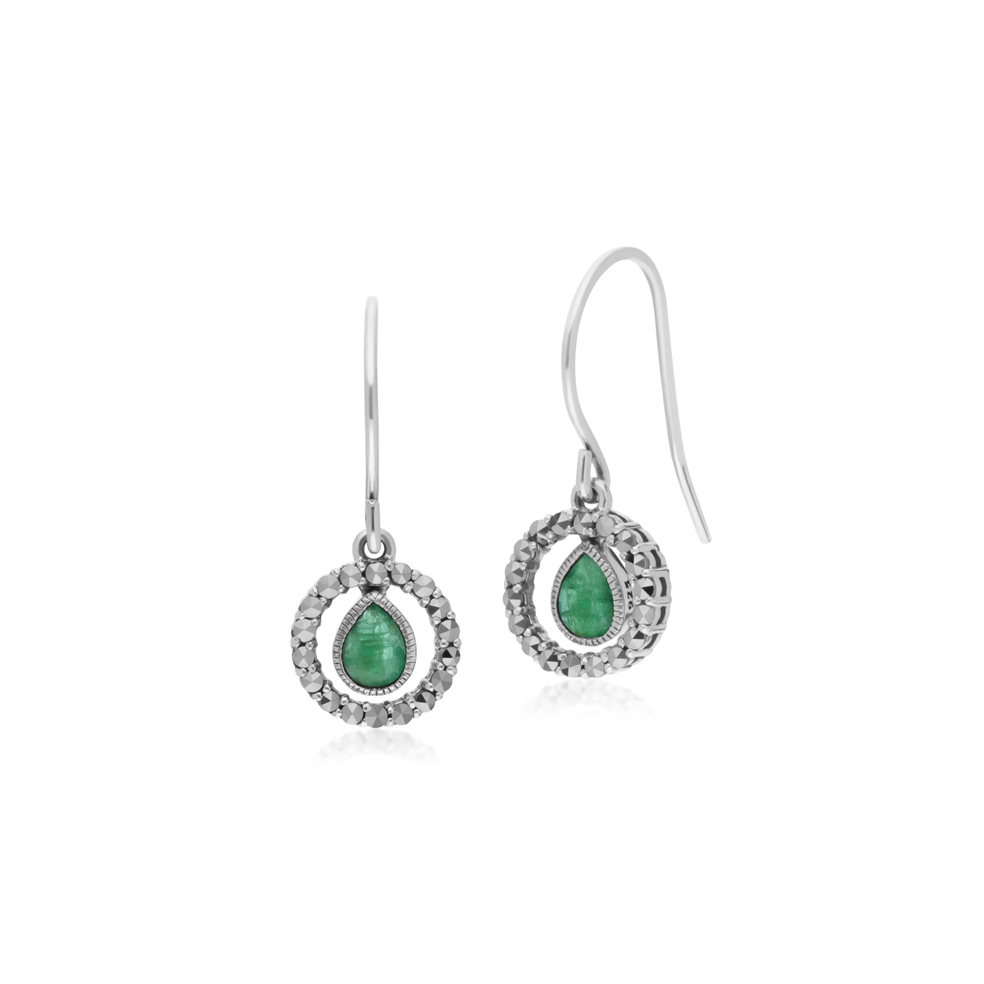 Classic Pear Emerald & Marcasite Round Halo Drop Earrings in 925 Sterling Silver