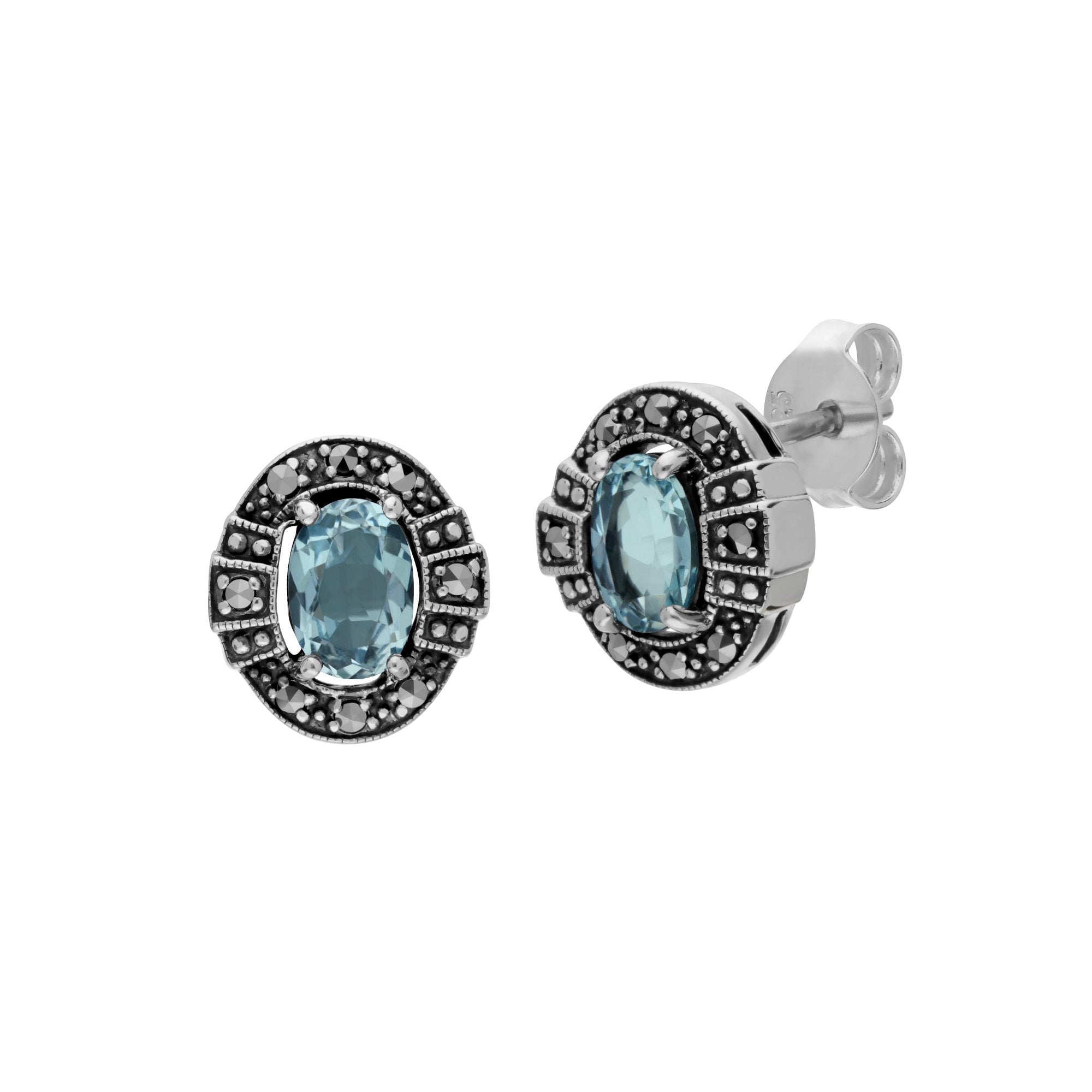 Art Deco Style Oval Blue Topaz & Marcasite Stud Earrings in 925 Sterling Silver