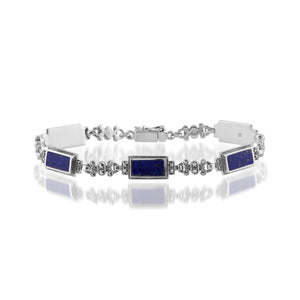 Art Deco Style Rectangle Lapis Lazuli & Marcasite Bracelet in 925 Sterling Silver