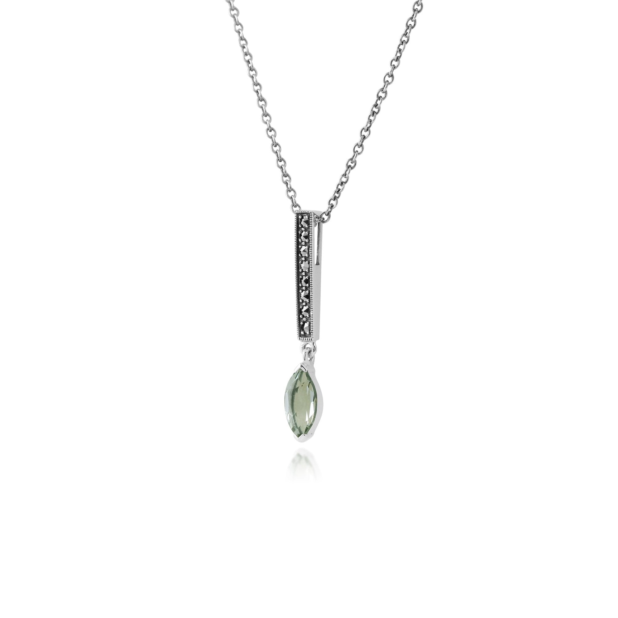 Art Deco Style Marquise Mint Green Quartz & Marcasite Bar Pendant in 925 Sterling Silver