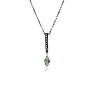 Art Deco Style Marquise Mint Green Quartz & Marcasite Bar Pendant in 925 Sterling Silver