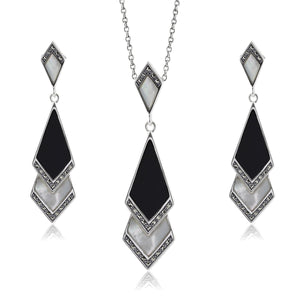 Art Deco Black Onyx & Mother of Pearl Fan Drop Earrings & Necklace Set Image 1