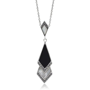 Art Deco Style Mother of Pearl, Black Onyx & Marcasite Pendant in 925 Sterling Silver