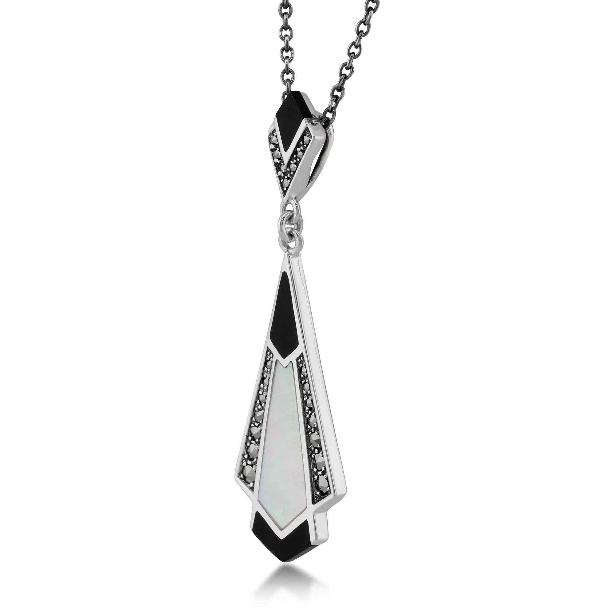 Art Deco Style Cabochon Black Onyx, Mother of Pearl & Marcasite Pendant in 925 Sterling Silver