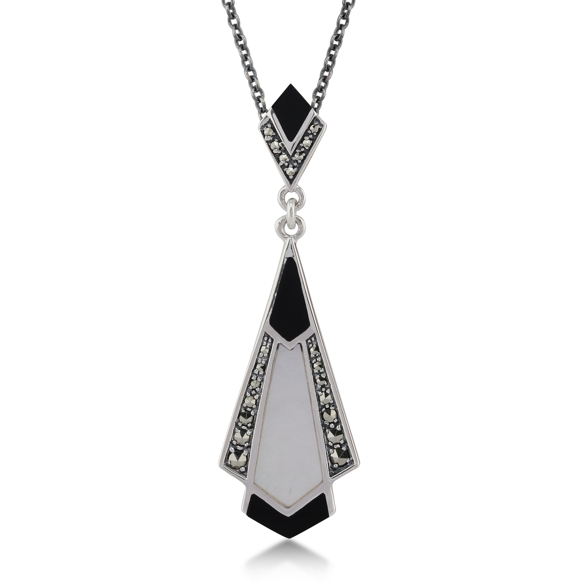 Art Deco Style Cabochon Black Onyx, Mother of Pearl & Marcasite Pendant in 925 Sterling Silver
