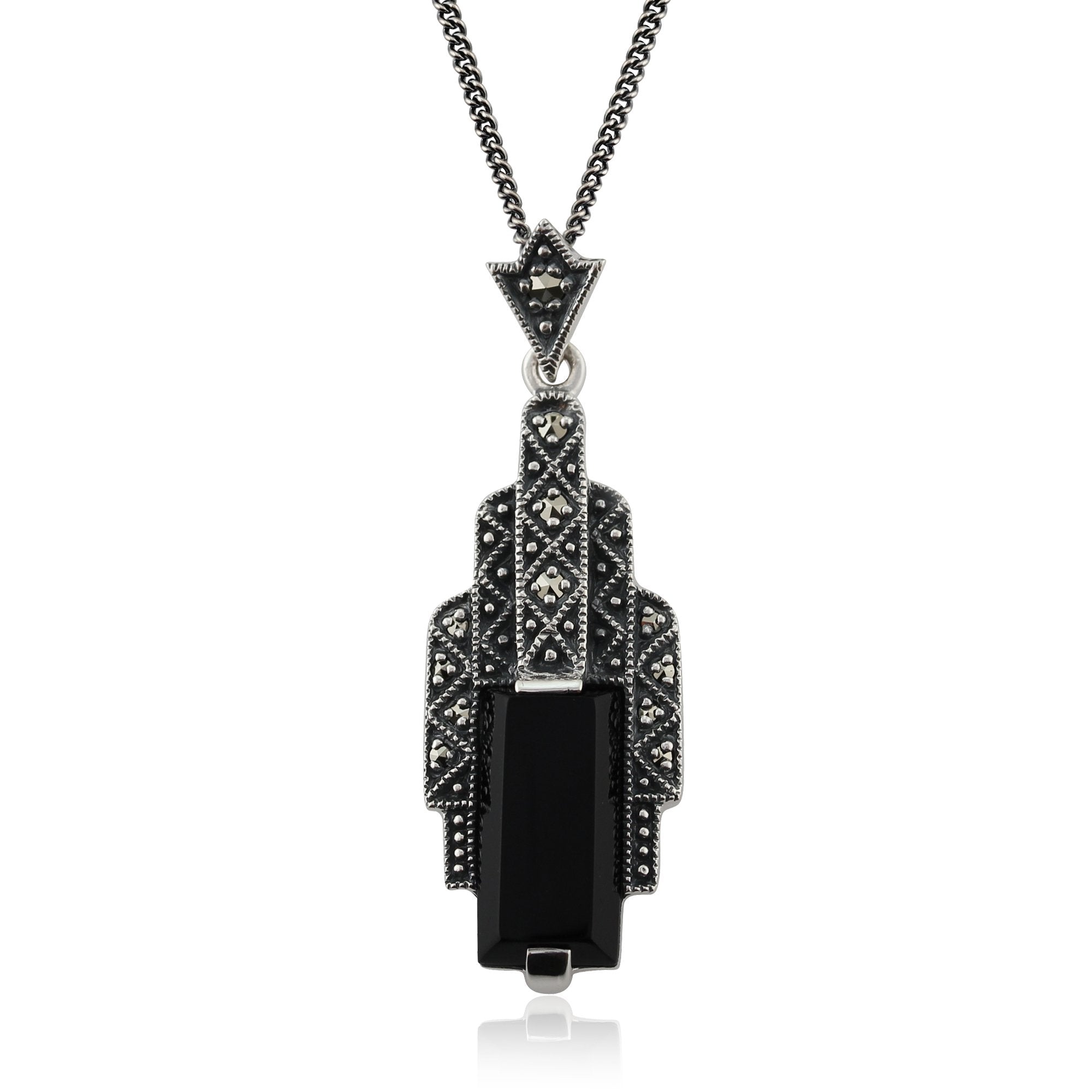 Art Deco Style Rectangle Black Onyx Cabochon & Marcasite Necklace In Sterling Silver