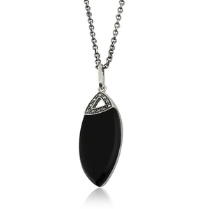 Art Deco Style Round Black Onyx & Marcasite Pendant In Sterling Silver