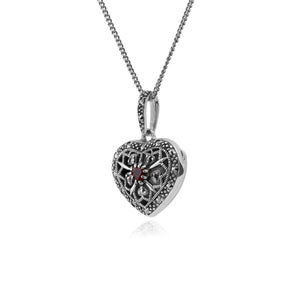 Art Nouveau Style Round Garnet & Marcasite Heart Necklace in 925 Sterling Silver