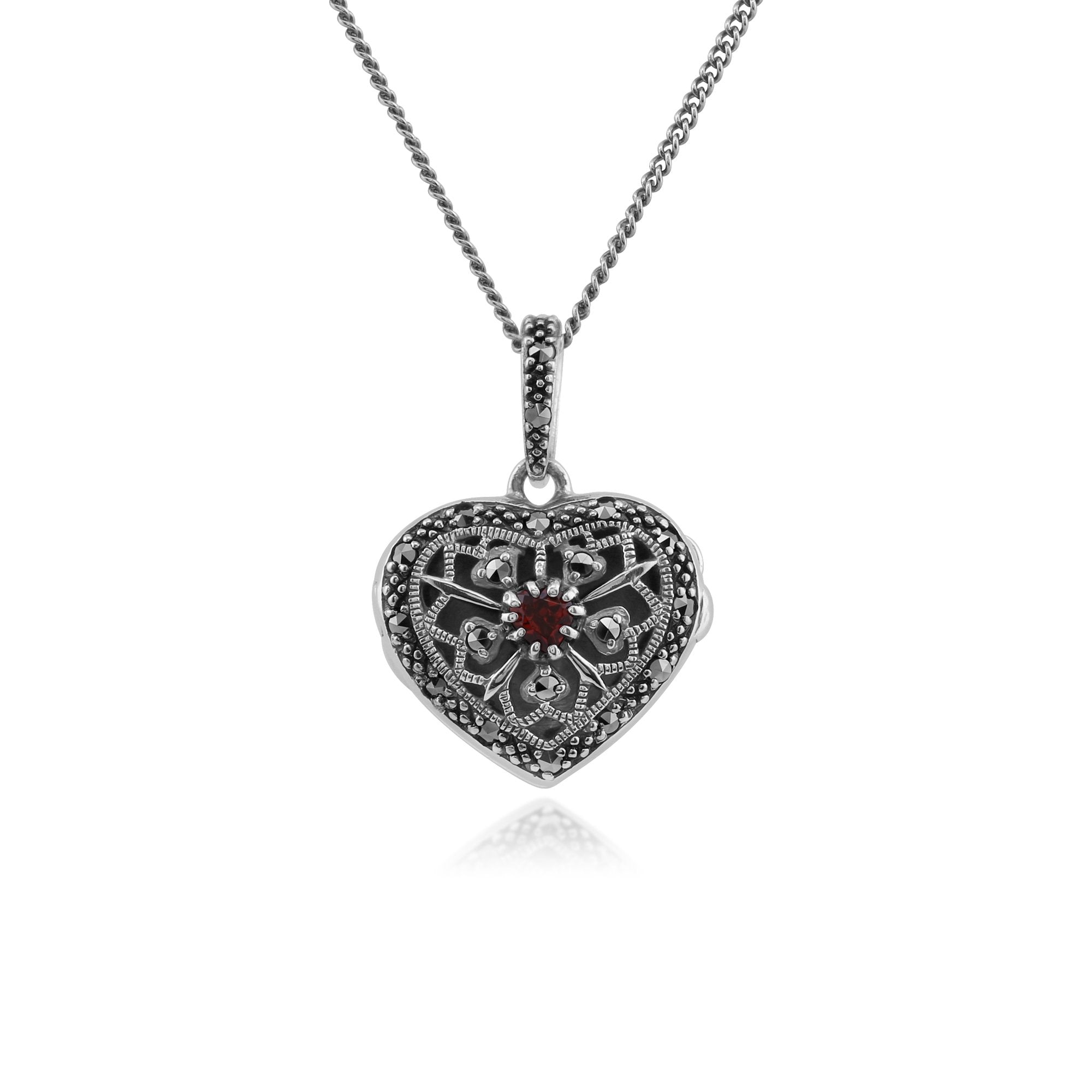 Art Nouveau Style Round Garnet & Marcasite Heart Necklace in 925 Sterling Silver