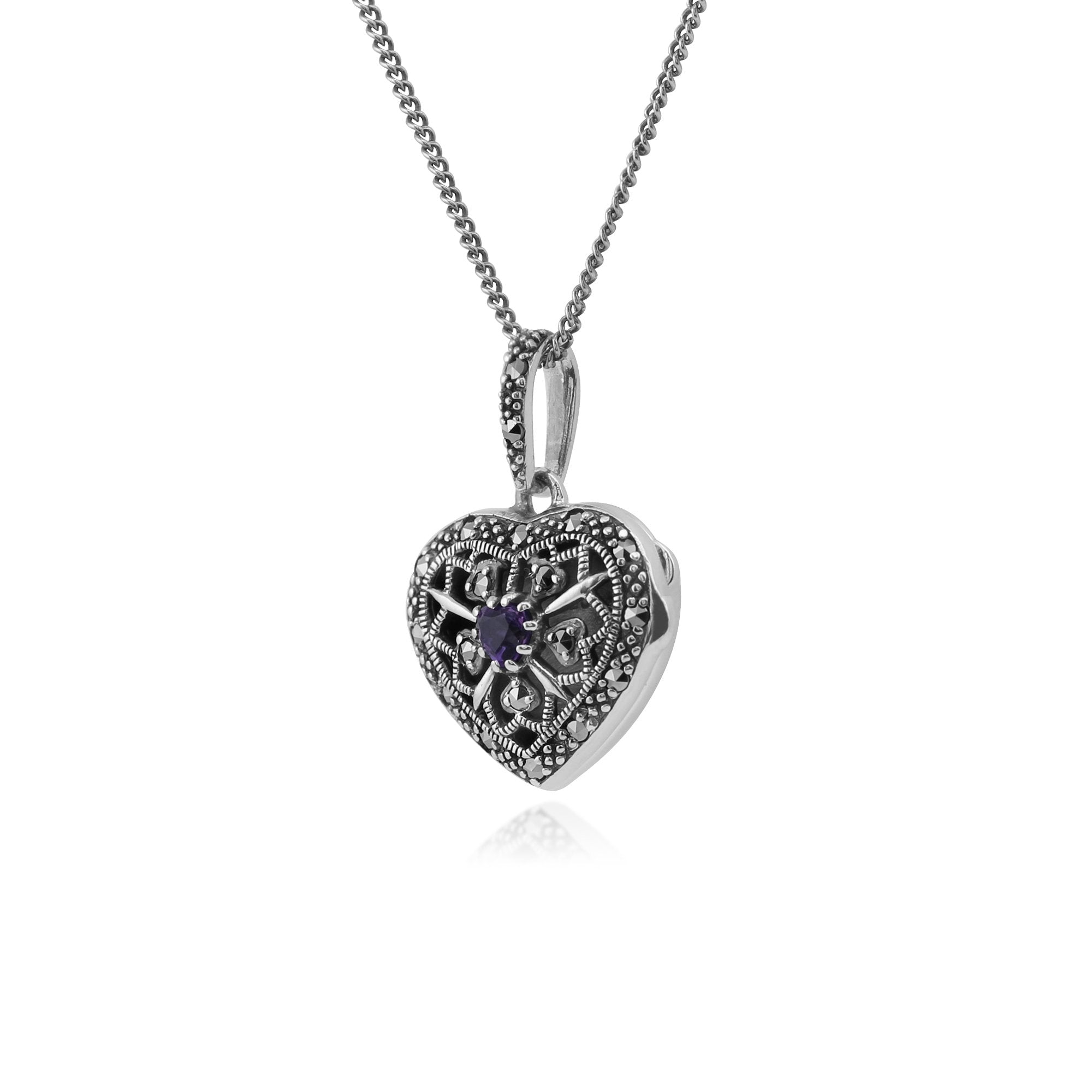 Art Nouveau Style Round Amethyst & Marcasite Heart Necklace in 925 Sterling Silver
