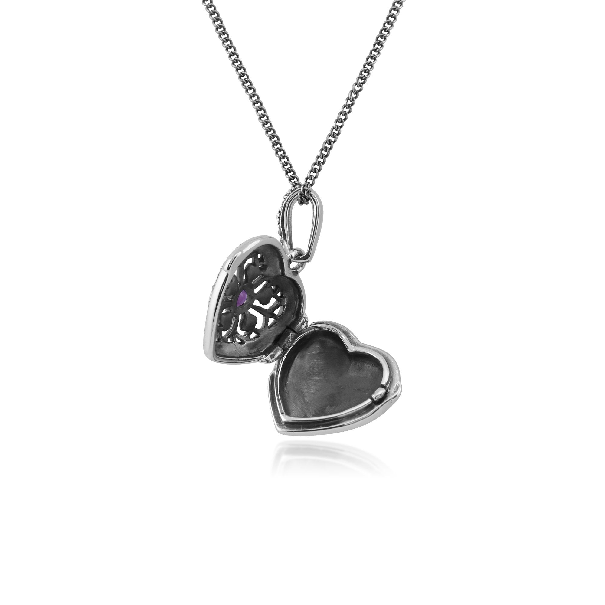 Art Nouveau Style Round Amethyst & Marcasite Heart Necklace in 925 Sterling Silver