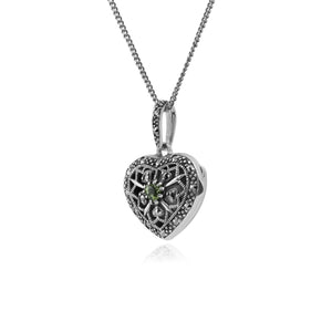 Art Nouveau Style Round Peridot & Marcasite Heart Necklace in 925 Sterling Silver