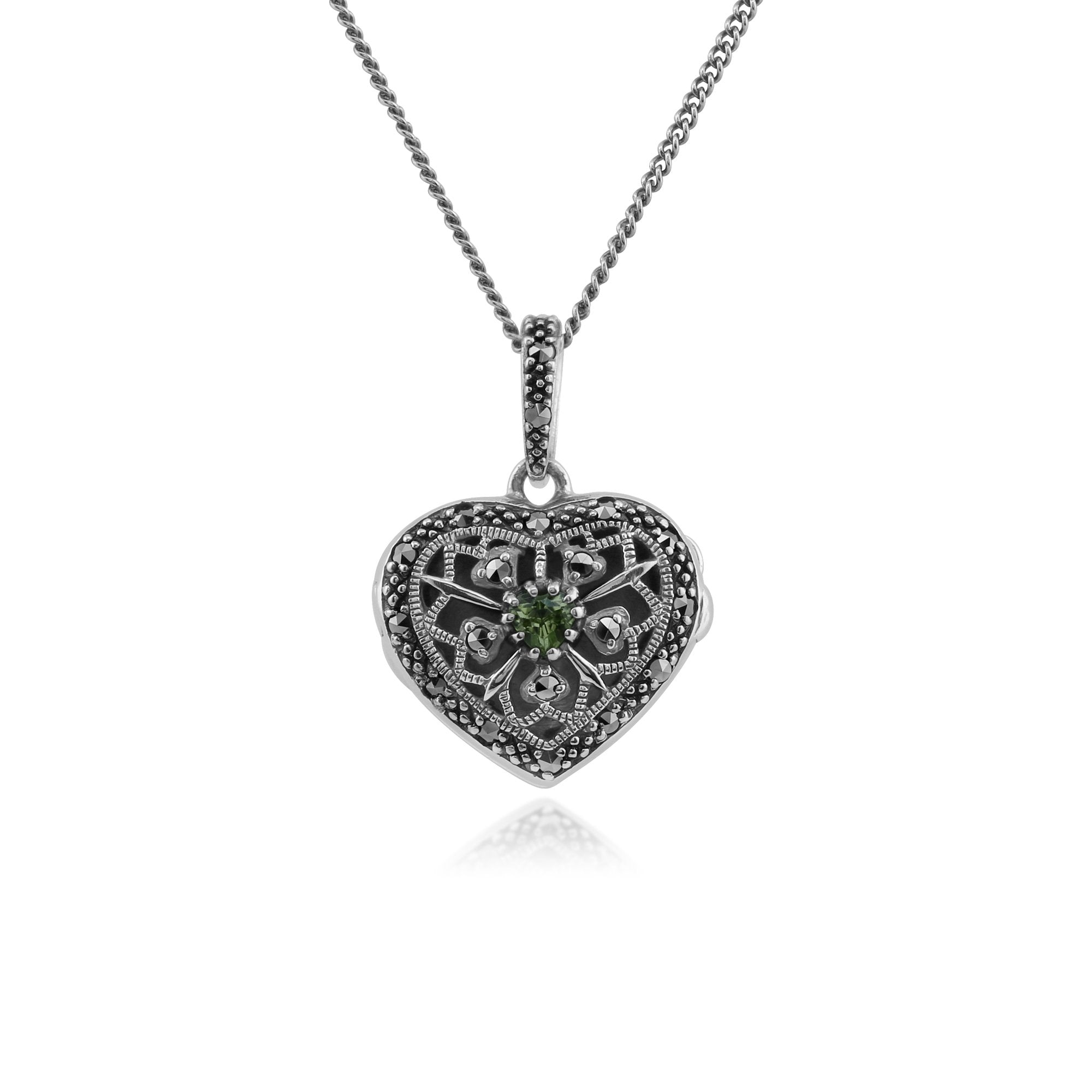 Art Nouveau Style Round Peridot & Marcasite Heart Necklace in 925 Sterling Silver