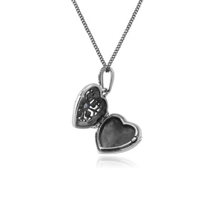 Art Nouveau Style Round Tanzanite & Marcasite Heart Necklace in 925 Sterling Silver