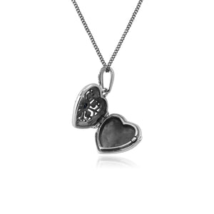 Art Nouveau Style Round Sapphire & Marcasite Heart Necklace in 925 Sterling Silver