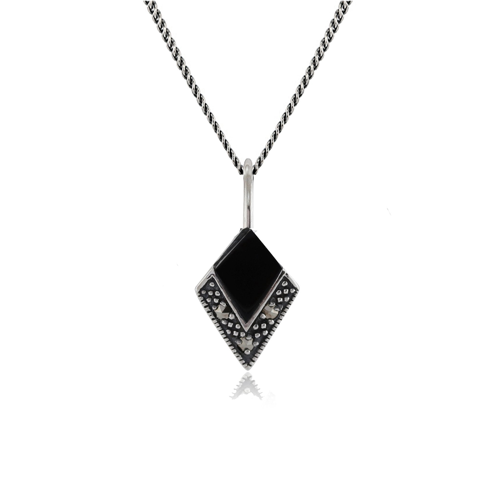 Art Deco Style Cabochon Black Onyx & Marcasite Pendant in 925 Sterling Silver