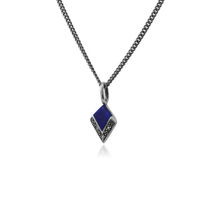 Art Deco Style Lapis Lazuli Cabochon & Marcasite Diamond Shape Pendant in 925 Sterling Silver