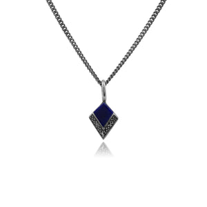 Art Deco Style Lapis Lazuli Cabochon & Marcasite Diamond Shape Pendant in 925 Sterling Silver