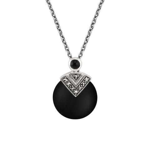 Art Deco Style Round Black Onyx & Marcasite Pendant in 925 Sterling Silver