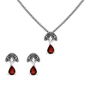 Art Deco Garnet & Marcasite Leaf Stud Earrings & Pendant Set Image 1