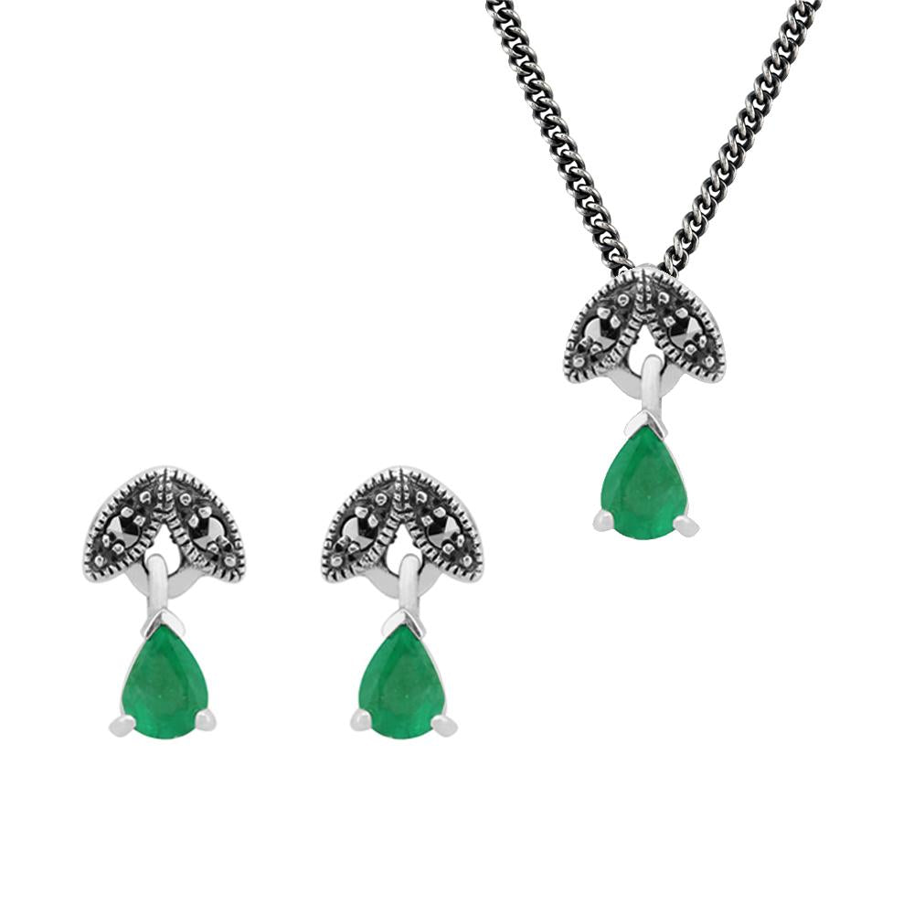 Art Deco Emerald & Marcasite Stud Earrings & Pendant Set Image 1